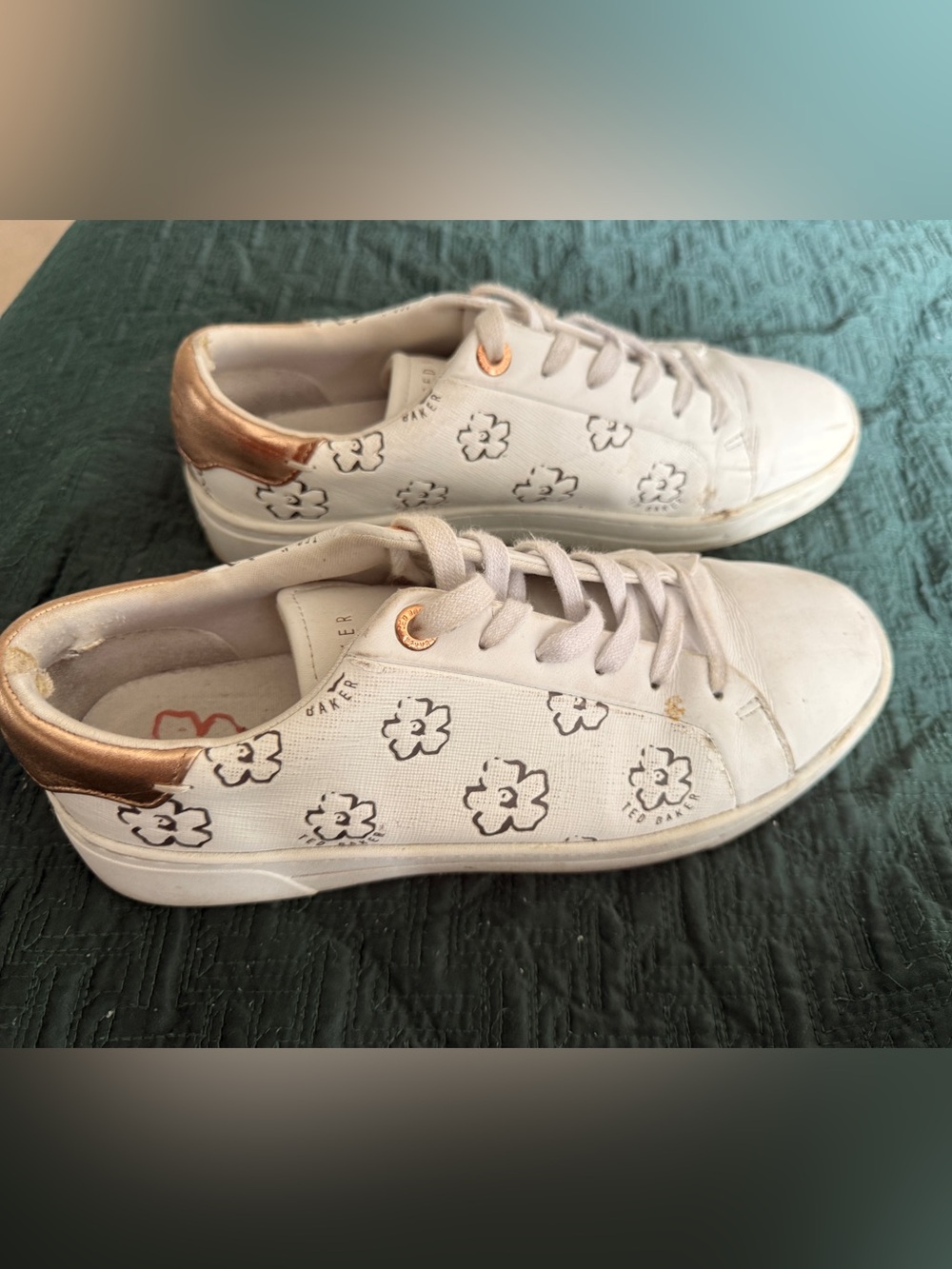 Ted Baker White Floral-Print Leather Sneakers with Rose Gold Accents